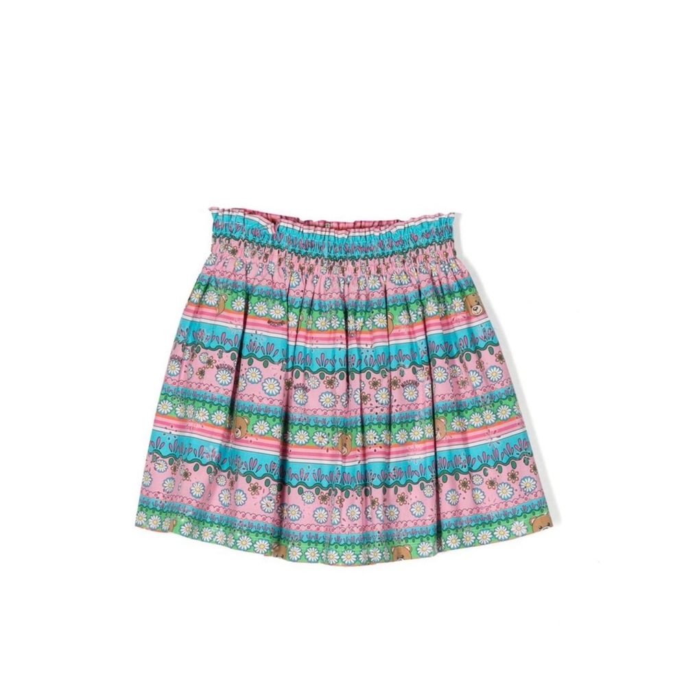 - Rose Pink Cotton Graphic Print Signature Teddy Bear Waistband Flared Skirt